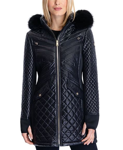 michael michael kors faux leather trim hooded coat|michael michael kors hooded faux fur trim down puffer coat.